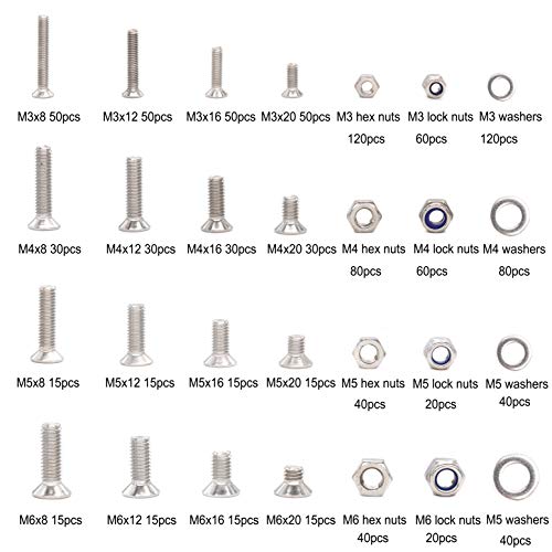 1020pcs M3 M4 M5 M6 Flat Phillips Countersunk Head Machine Screws Bolts Nuts Washers Assortment Kit, 304 Stainless Steel, Silver Tone - size: M3 M4 M5 M6 1020pcs (Countersunk Head-304)