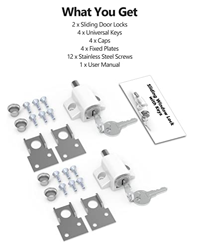 Lock, 2 Pack Sliding Door Window Lock, Push-in Key Lock, Patio Door Locks for Home Office Classroom (White)
