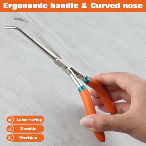 Long Needle Nose Pliers 7 Inches Extra Long Reach Bent Needle Nose Pliers with Serrated Jaw Lanyard Curved Handle Jewelry Pliers For Jewelry Making, Bending Wire and Small Object Gripping - style: Bend Nose
