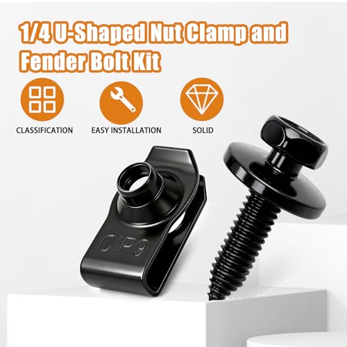mankk 50PCS 1/4 U-Nut Clips and Fender Bolts Kit Automotive Body Fasteners - color: Black-1/4 Kit