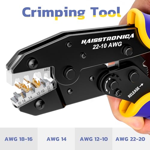 haisstronica Wire Stripper and Crimper Set, AWG 22-10 for Open Barrel | 3 in 1 Wire Stripper for AWG 24-10, Ratchet, Separate Gauge Controls, Adjustable Pressure, Quick Release, Harness Work