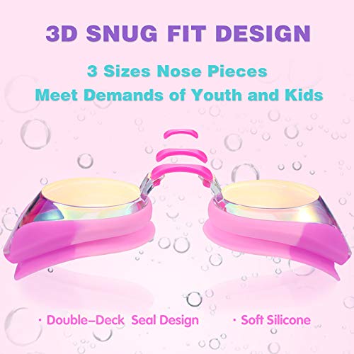 Keary Kids Swim Goggles Anti Fog & UV Girls Toddler Boys for 3-12 - color: Mirrored Black & Pink