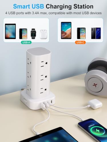 10FT Power Strip Tower Surge Protector, 12 Wide Spaced Outlets, 4 USB - color: White, size: 10FT without Wireless Charging