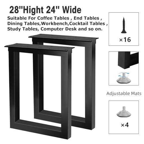Metal Table Legs 28''Hight 24'' Wide with Adjustable Protector Feet, Industrial & Rustic Style Heavy Duty Metal Furniture Legs for DIY Dinning Table Coffee Table Modern Desks, Rectangle Shape, Black - size: H28" × W24" Square