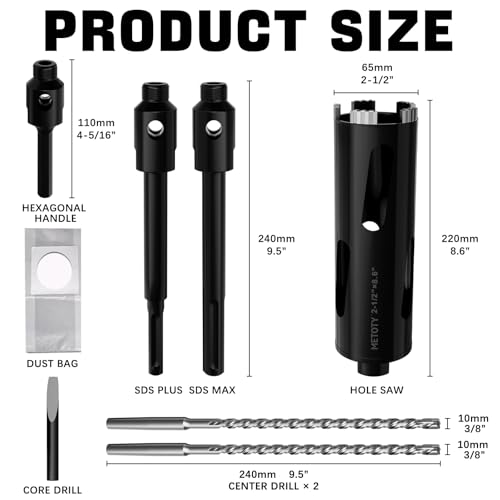 Diamond Core Drill Bit 2-1/2"(65mm) with Pilot Bit & Adapters (SDS Plus & Hex) – Upgraded Welded Segments, 8.6" Depth – for Concrete, Solid Brick, Hollow Brick, Masonry & More - size: (2-1/2"/65mm)