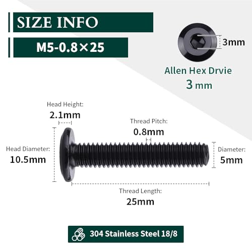 M5-0.8 x 25mm (50 pcs) Black Hex Socket Head Cap Screws, 304 Stainless Steel 18/8, Furniture Bolts, Connector Screws for Furniture, Black Oxide Finish, Full Thread, Hex Spanner Wrench Included - size: M5-0.8 x 25mm