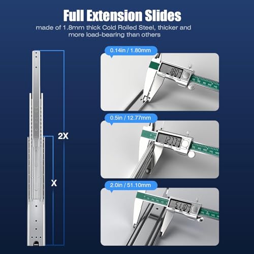 Thickened 200Lbs Heavy Duty Drawer Slides 1 Pair 22 Full Extension Ball Bearing Sliding Rails Kitchen Cabinet RV Runners Shelf Tool Box Tracks Glides (1/2" Thick, 22" L) - size: 22inch, style: W:51mm