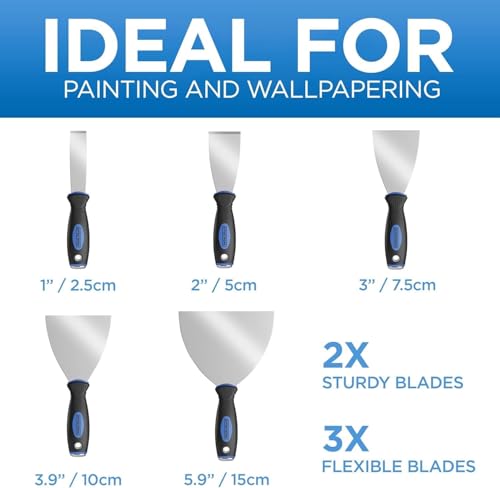 E•Werk - 5-Pc Scraper Set - Paint & Wallpaper Remover Set - Stainless Steel Spatula Knife Set for Plastering & Drywall Putty Filling - Ideal Painter Tools for Plaster Scraping & Finishing