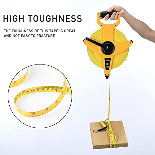 LAND 330FT/100M Heavy Duty Fiberglass Tape Measure - 1/2-Inch Wide, Dual Inch/Metric Scale, Durable Open Reel Measuring Tape for Surveying, Engineering, Runway Construction - size: 100 m