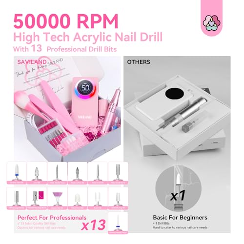 SAVILAND 50000RPM Electric Nail Drill Professional Kit for Acrylic Nails - color: 1-light Pink