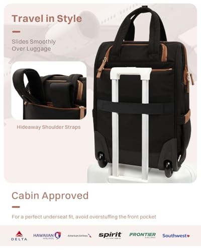 Rolling Puffer Backpack for Women, Travel Backpack with Wheels, 16 Inch Wheeled Laptop Backpck, Dual-Opening Design Overnight College Underseat Carry on Luggage, Roller Business Work Bag, Black Brown - color: Black Brown