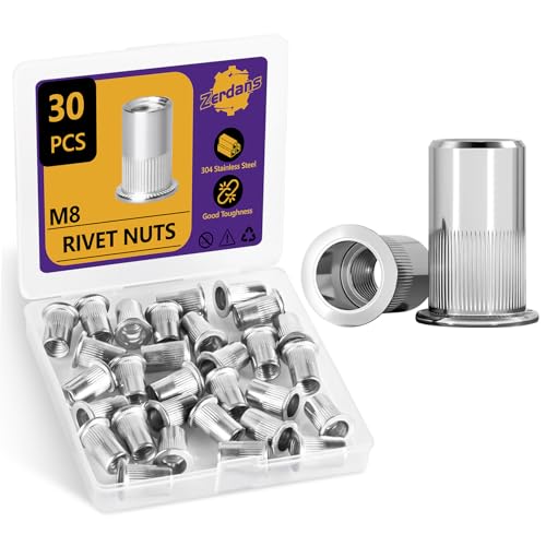 30Pcs M8-1.25mm Rivet Nut Set Flat Head 304 Stainless Steel | High Ductility & Rust Resistant, For Furniture, Automotive and Industrial Applications, Storage Case Included - size: 30Pcs-M8