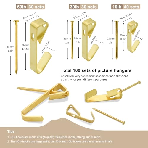 200Pcs Picture Hanging Kit with Nails & Hooks 10/30/50lb for Drywall - style: Gold