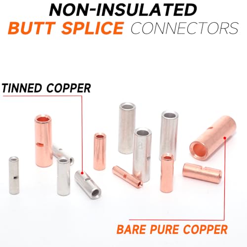 SVAAR 115 PCS 26-8 AWG Non-Insulated Butt Connectors Crimp Repair Butt Splices Kit, Uninsulated Butt Splice Connectors for 26 to 8 Gauge Wire, Heavy Duty Pure Copper Seamless Barrel Butt Terminals - color: Non-Insulated Splice - Bare Copper
