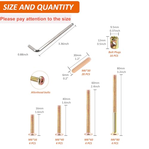 Crib Screws Hardware Replacement Kit - 16 Set Baby Bed Frame Bolts,Barrel Nuts&Wooden Dowel Pins Set - M6x16/40/60/80 mm Hex Drive Socket Cap Screws Nuts for Beds Headboards Chairs Furniture - size: 16 Set-4 size