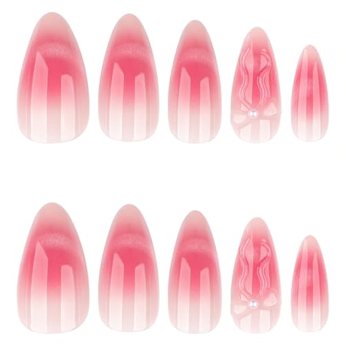 Mivota Soft Gel Press On Nails Almond Nude Pink Glitter, 3D Butterfly Glue On Nails, Reusable Fake Nails Acrylic Look, Luxury Press on Nails Kit 24PCS for Women Wedding Party - color: 3D-68 Pink Gradient Bowknot