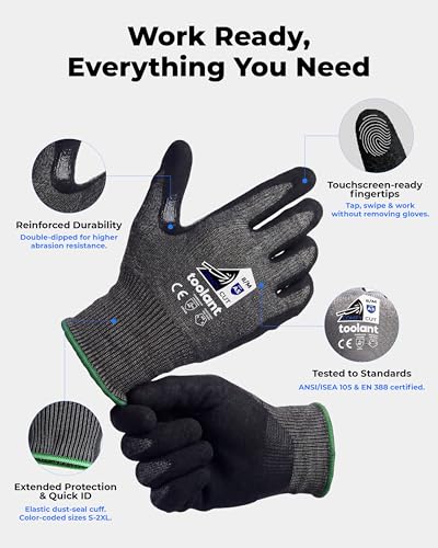toolant ComfyCut A5 Cut Resistant Work Gloves, ANSI & EN388 Certified Protection with Second Skin Comfort, Fiberglass-Free, Touchscreen & Flexible Grip, for Woodworking, Warehouse, Assembly, Medium - size: Medium