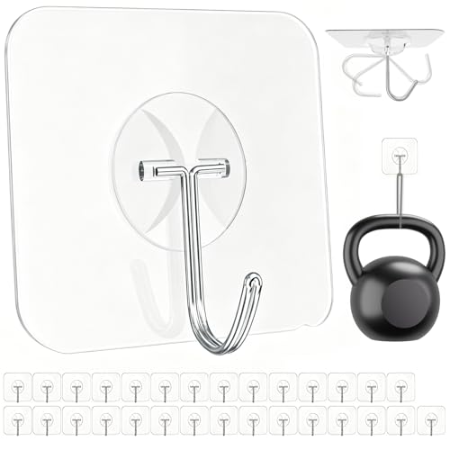 Latoxcaa Heavy Duty Adhesive Wall Hooks - Strong & Transparent, Hold up to 22lb, Waterproof & Reusable, Ideal for Kitchen, Bathroom, and Office (30 Pack) - size: 30 Medium Hooks