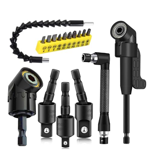 17Pcs Flexible Drill Bit Extension, Include 3Pcs Rotatable Socket Adapter 2Pcs Hex Shank 105° Right Angle Drill Attachment 10 Short Screwdriver Bits 90° Angled Bits and Bendable Extension - color: 17*black