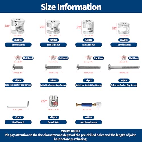 121Pcs Furniture Screws Replacement Set W M6x20mm/40mm/60mm/80mm Bed Frame Bolts, Barrel Nuts and 3 in 1 Cam Connector Fittings for Drawer Dresser Cabinet Bed
