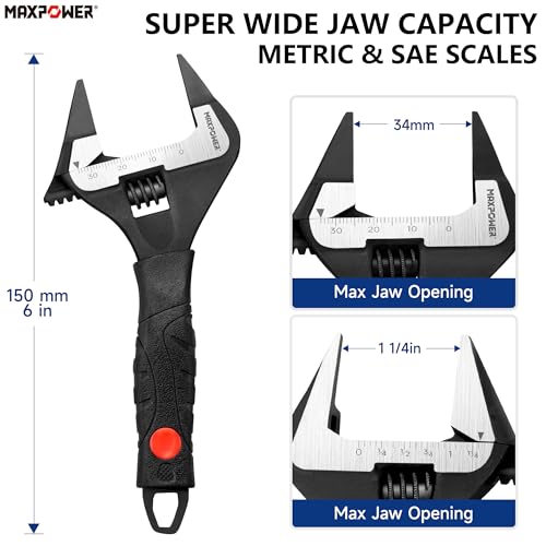 MAXPOWER 6-inch Slim Jaw Adjustable Wrench, Extra Thin Jaw Wide Opening Wrench, Dual Scale with Metric and SAE, Soft Grip Handle - size: 6"