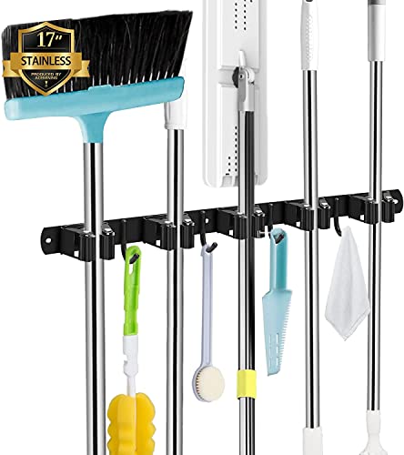 Black Broom Holder Wall Mount, 5 Racks 4 Hooks Mop and Broom Organizer - color: 5 Racks & 4 Hooks (Black) - 1 Pack