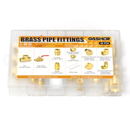 GASHER 48PCS 1/4"NPT Brass Pipe Fittings Kit，Coupling，90 Degree Elbow，45 Degree Elbow，Nipple，Ball Valve，Plug，Tee，4 Way，Reducer Adapter - style: Brass Pipe Fittings Kit（48Pcs）