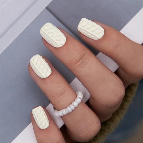 CurvLife Short Square 3D Press On Nails, Sweater Knit White, Soft Gel - color: Cream Yellow 3D Sweater Nails