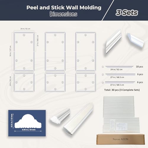 Set of 3 Peel and Stick Wall Molding Kit, Pre Cut Wainscoting Panels