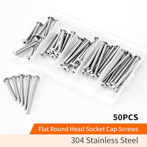 M4 x 30mm 35mm 40mm 45mm 50mm Flat Round Head Hex Socket Cap Screws Bolts, Furniture Screws, 304 Stainless Steel, Allen Hex Drive, Bright Finish, Metric Fully Threaded, Assortment Kit 50PCS - size: M4 x 30/35/40/45/50mm (50PCS)