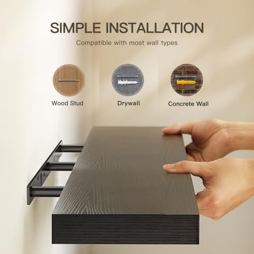 Amada 47 Inch Floating Shelves with Invisible Brackets, Set of 2, Black | Wall Shelves with Hidden Bracket, Solid MDF Wood, 22 lbs Max Load per Shelf, Easy to Assemble, Multi-Wall Compatible - color: Black, size: 47 inches