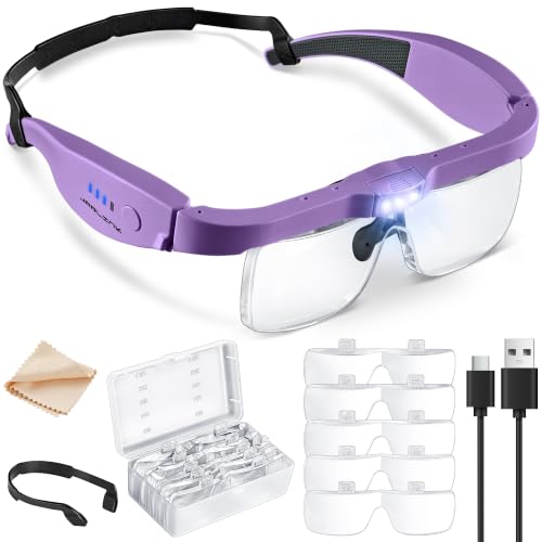 JARLINK Magnifying Glass with Light, 5 Lenses, Rechargeable Headset - color: Purple