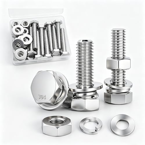 10 Sets 1/4-20 x 1-1/2" Stainless Steel Hex Head Screws Bolts, Flat, Nuts & Lock Washers,Hex Bolts 18-8(304) Full Thread - color: Silver, size: 1/4-20 x 1-1/2"（10 Sets）