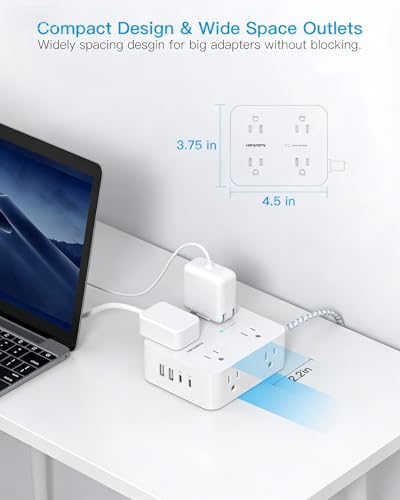 PD30W USB C Power Strip Surge Protector 15Ft, 1080J Desk Charging Station - color: White&Gray, size: 15ft