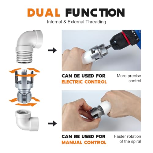 PVC Pipe Threader Kit for Drill, 6-in-1 Internal & External Threading Tool with 1/2", 3/4", 1" Dies, Hardened Alloy Steel PVC Pipe Thread Maker for Sprinkler Repair & DIY Plumbing