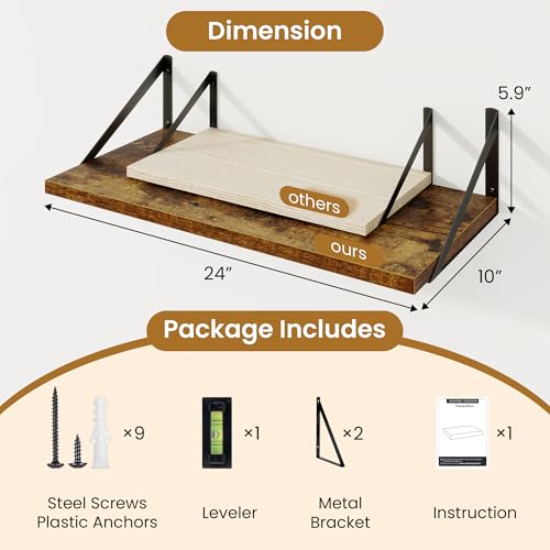 Acovy Deep Floating Shelves,24" Wx10 D Floating Shelf for Wall Set of 2,Hanging Storage Shelf with Metal Brackets,Wide Display Wall Shelves for Living Room,Bedroom,Bathroom,Kitchen,Rustic Brown - color: Rustic Brown, size: 24"Wx10"D-2pcs