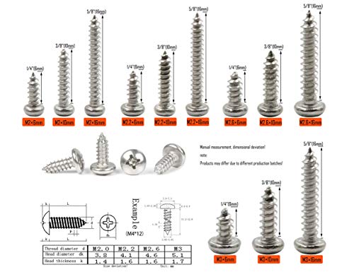 LBY 600pcs M2, M2.2, M2.6, M3 Pan Head Self-Tapping Sheet Metal Screw Assortment Kit, 12 Sizes, 304 Stainless Steel