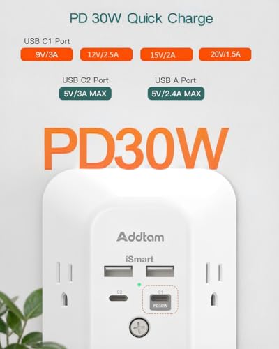 Addtam 5-Outlet Extender Surge Protector, Multi Plug Wall Outlet with 4 USB Wall Charger(PD 30W), Outlet Splitter Power Strip for Home Office Dorm Room Essentials, Plug Extension Outlet 1800J - size: 2c2a Pd 30w