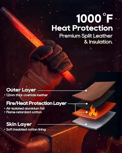 TOPDC Welding Gloves 16Inch 1000℉ Heat Resistant Leather for MIG Stick, M - color: 16 Inch Black-brown (Medium)