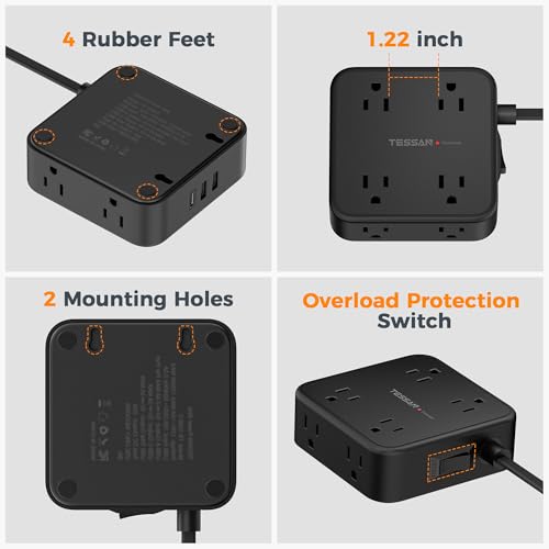 TESSAN Surge Protector Power Strip with 900J Surge Protection, 5 Ft, Black - color: Black with 1 USB C, size: 5 feet