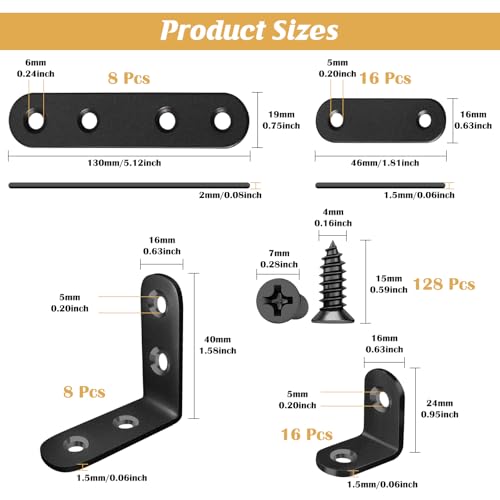 weiwei 48 PCS Stainless Steel L Brackets & Straight Brackets, Multi-Size Angle Bracket Mending Plate, Sturdy Corner Bracket Flat Braces Combo Set with Screws for Wood Shelves Furniture Cabinet DIY - style: Combination 2