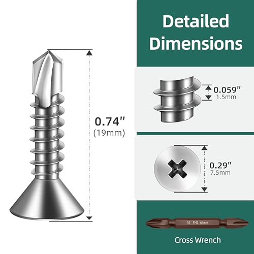 400pcs #8 x 3/4 Sheet Metal Self Tapping Screws Assortment Kit, 410 Stainless Steel Flat Head High-Strength Fast Self-Drilling Screws, Bright Finish - size: #8x3/4"