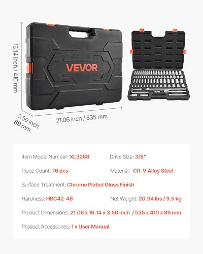 VEVOR Socket Set, 76 Pieces, 3/8 inch Drive Socket and Ratchet Set, SAE and Metric, Deep and Shallow, Mechanic Tool Kit with Accessories and Storage Case, CR-V Alloy Steel, for Automotive Repair - size: 76-PCS