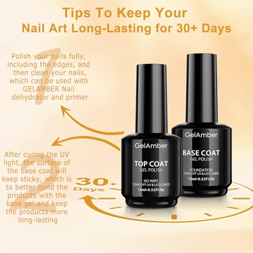 GELAMBER 2Pcs 15ml No Wipe Gel Top Coat and Base Coat, Base and Top Coat Gel Nail Polish Set, Essentials for Super Shiny and Long-Lasting Foundation Finish Nail Art Design Gift - color: Base&Top Coat