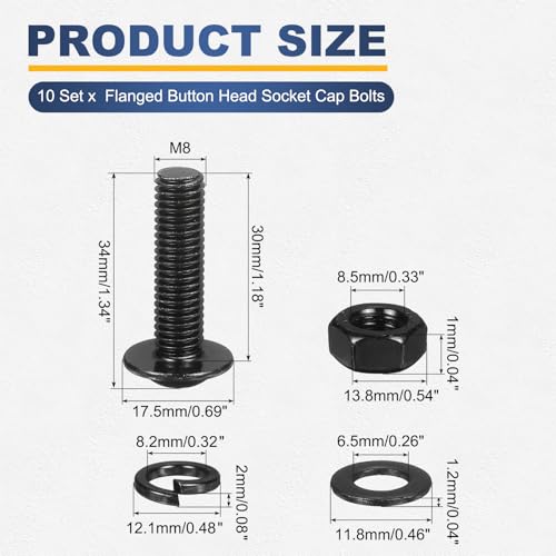 M METERXITY 10 Set M8 x 30mm Flanged Button Head Socket Cap Screws, Black 304 Stainless Steel 18-8 Hex Socket Head Screws Bolts, Nuts, Flat & Lock Washers for DIY, Furniture, Automotive - size: M8 x 30mm
