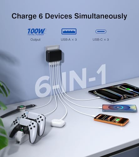 USB C Charger, Flat 100W Max 6-Port Fast Wall Charger Charging Station Hub - color: Black
