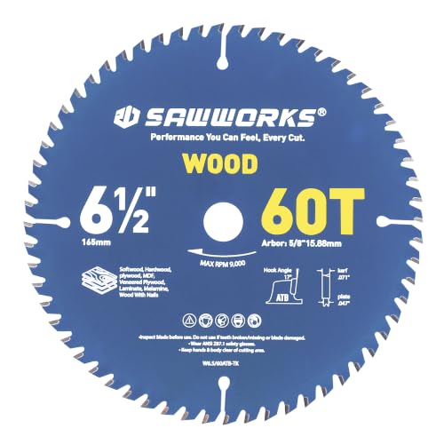 SawWorks 6-1/2" 60T Thin Kerf Circular Saw Blade Woodworking Fine Finish - size: 6-1/2 In 60T