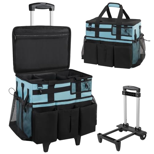 SCAVATA Rolling Cleaning Caddy Bag with Detachable Trolley, Large Cleaning Supplies Organizer with Wheels, Multi Pocket Cleaning Cart with Adjustable Shoulder Strap for Housekeepers & Home, SkyBlue - color: Skyblue