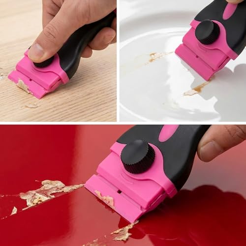 Pink Razor Blade Scraper Tool Set, 20Pcs Razor Blades, Plastic Paint Scraper, Double Edged Razorblade Scraping Tool for Glass, Windows, Stickers, Tint, Decals, Labels, Cooktop, Oven