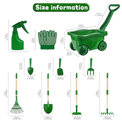 Duckura Kids Gardening Tools Set, Wheelbarrow Sets Outdoor Yard Toy Ages 3+ | Real Shovel Rake Hoe and Leaf Rake, Outdoor yard Play, Digging Weed Garden Educational Toys, Gift for Toddler Boys & Girls - color: Green-11pcs